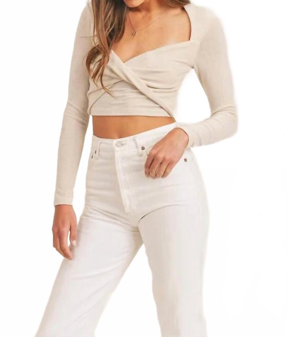 NEW MABLE slinky long sleeve front twist detail crop top in taupe